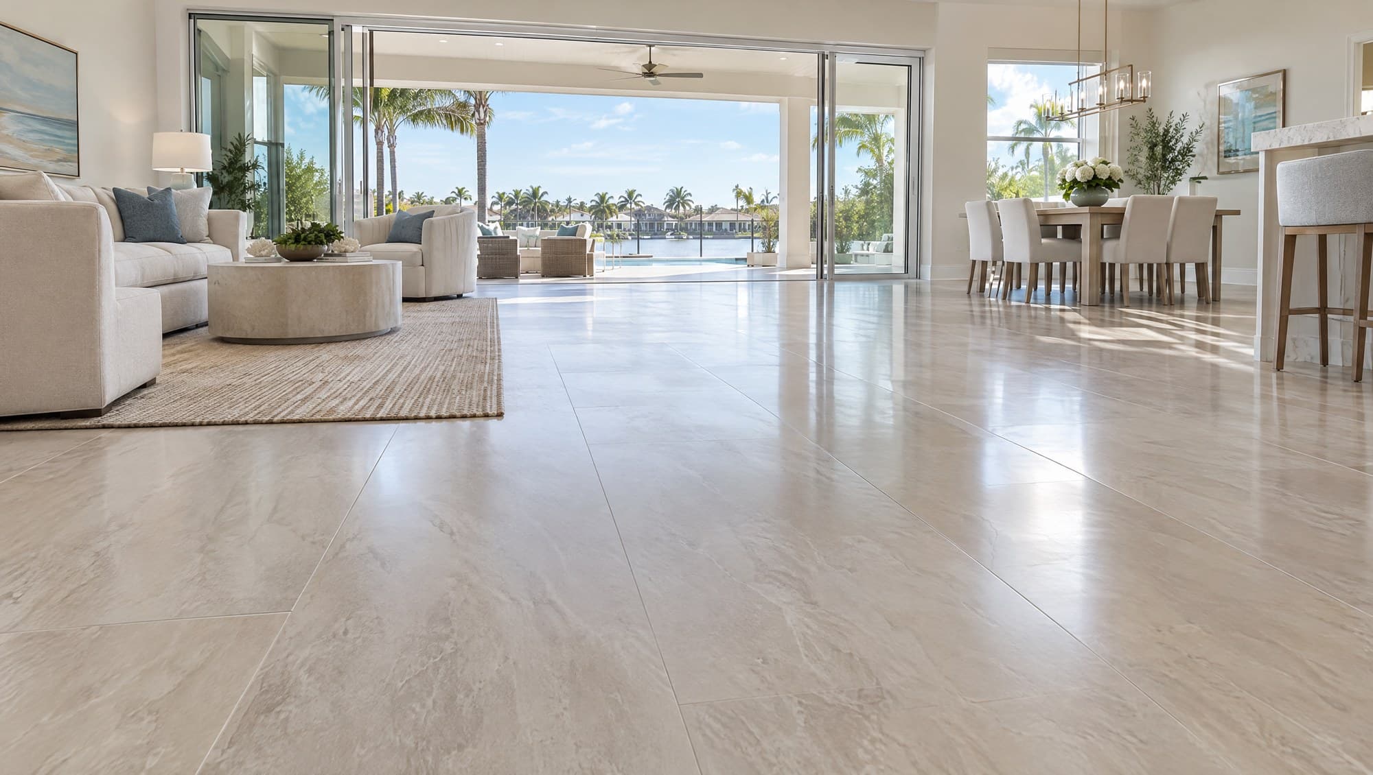 Concept/pre-design visualization of large-format polished cream stone flooring in a bright open-concept coastal living and dining space — editorial visualization, not a finished Pro Squad job photo.