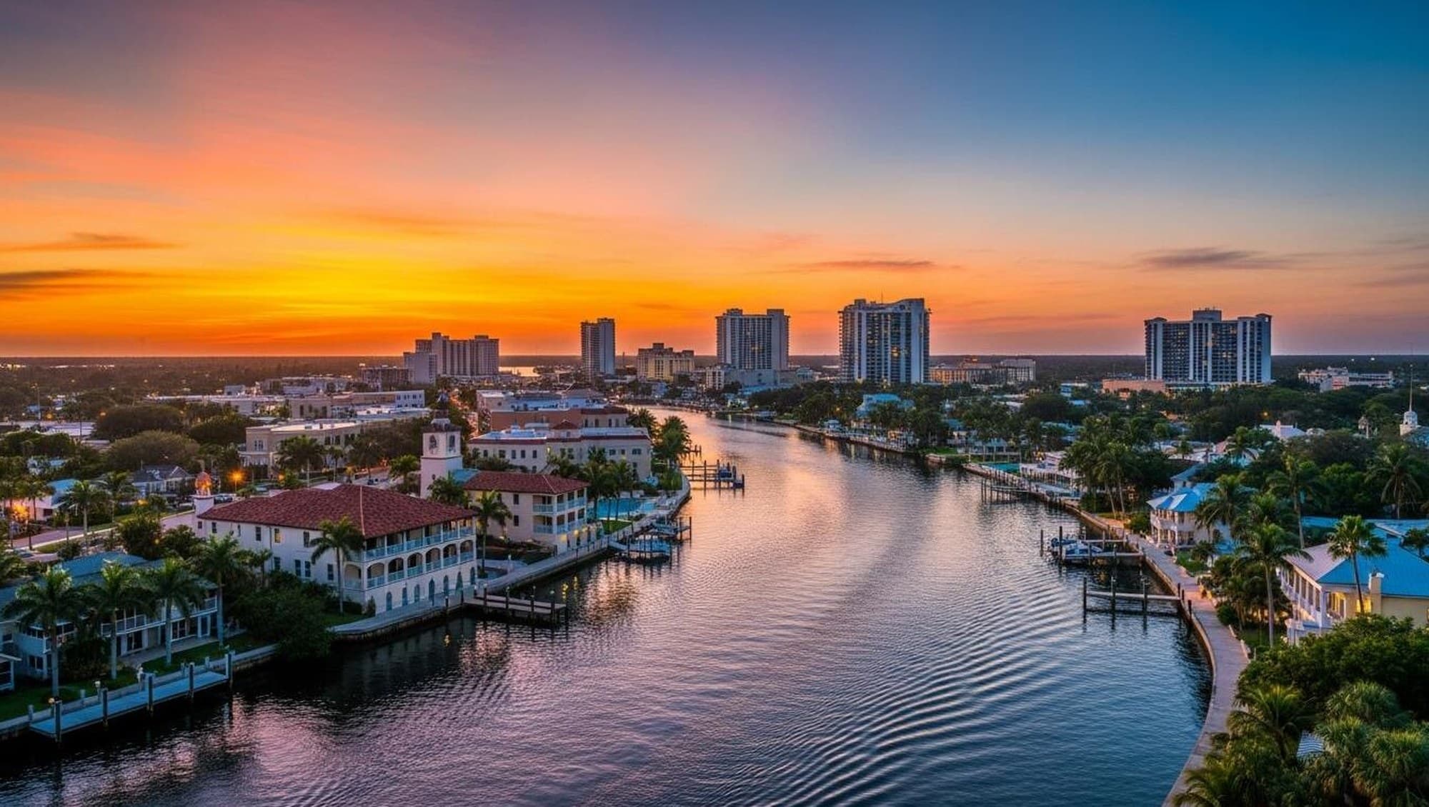 Editorial visualization of a waterfront skyline at sunset, Fort Myers, Florida. Not a finished Pro Squad job.