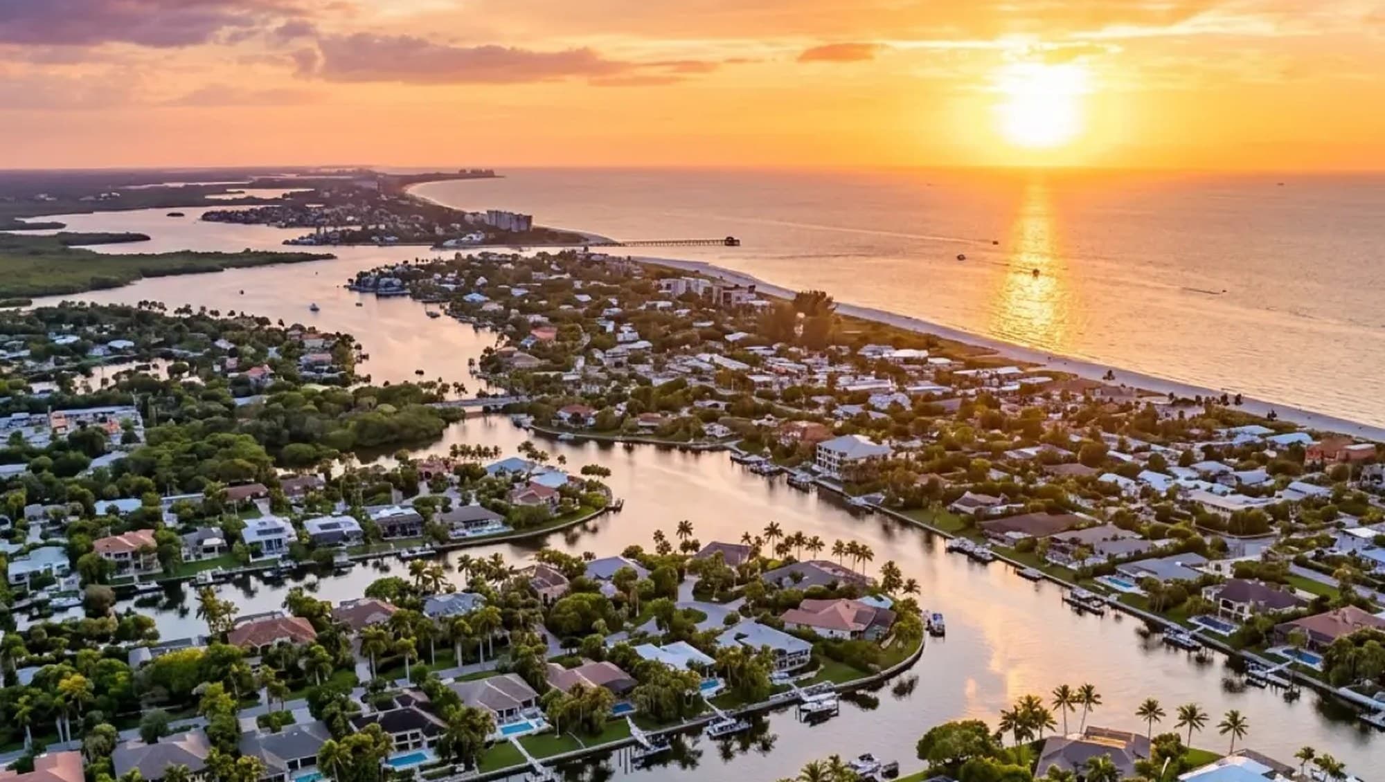 Editorial visualization of canal-front homes and Gulf shoreline, Marco Island, Florida. Not a finished Pro Squad job.