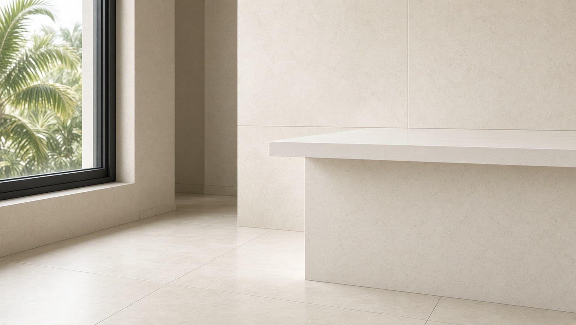 Editorial visualization of large-format porcelain tile as a wet-area substrate system in a Southwest Florida kitchen — thin grout, continuous floor-to-wall layout under Gulf humidity. Concept only; not a finished Pro Squad job.