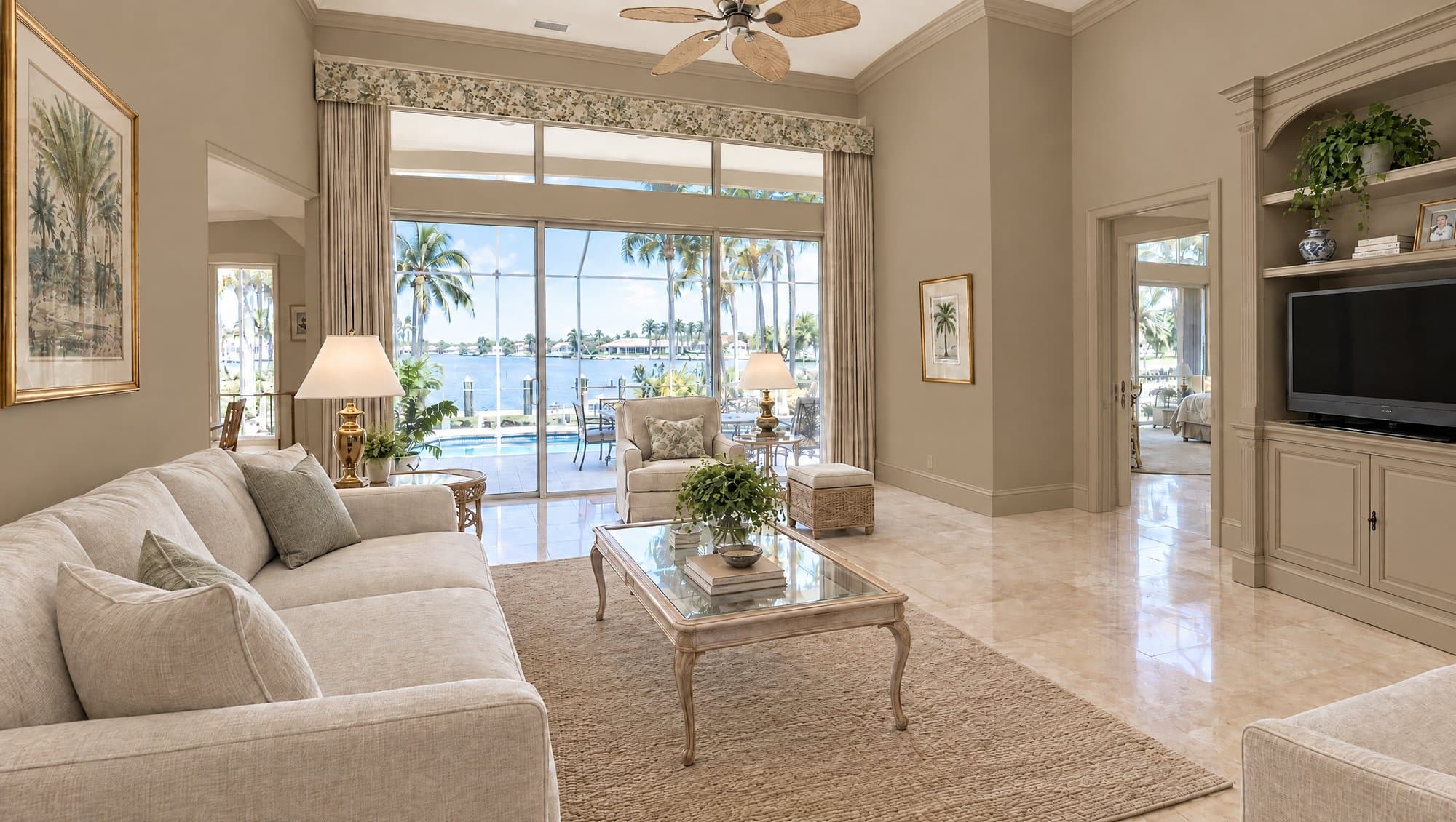 Editorial visualization of color-drench interior painting in Universal Khaki SW 6150 — walls, baseboards, and trim the same color. Concept only; not a finished Pro Squad job.