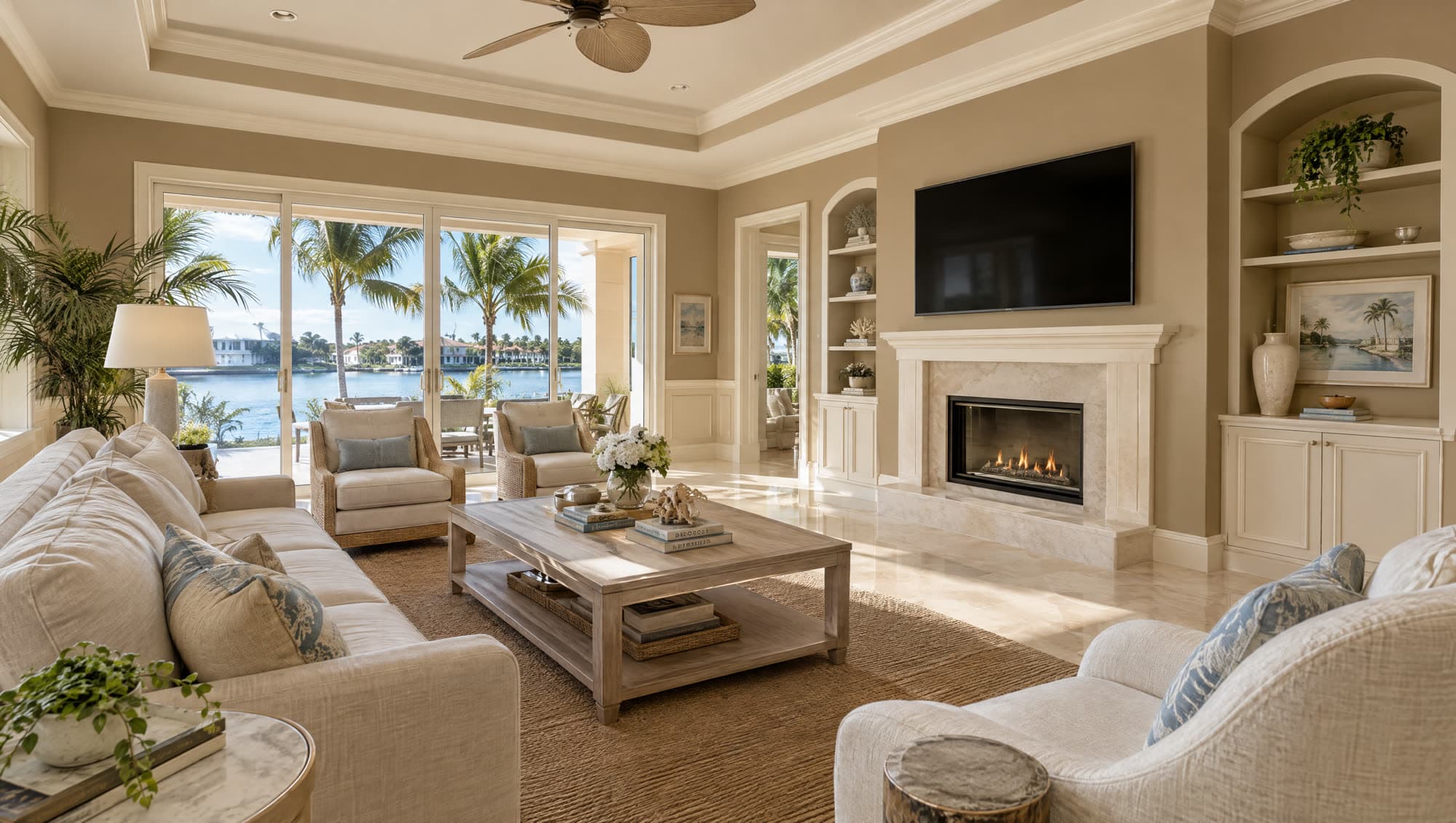 Pre-design visualization of a Naples living room painted Sherwin-Williams Universal Khaki SW 6150 with Creamy SW 7012 trim. Concept only; not a finished Pro Squad job.