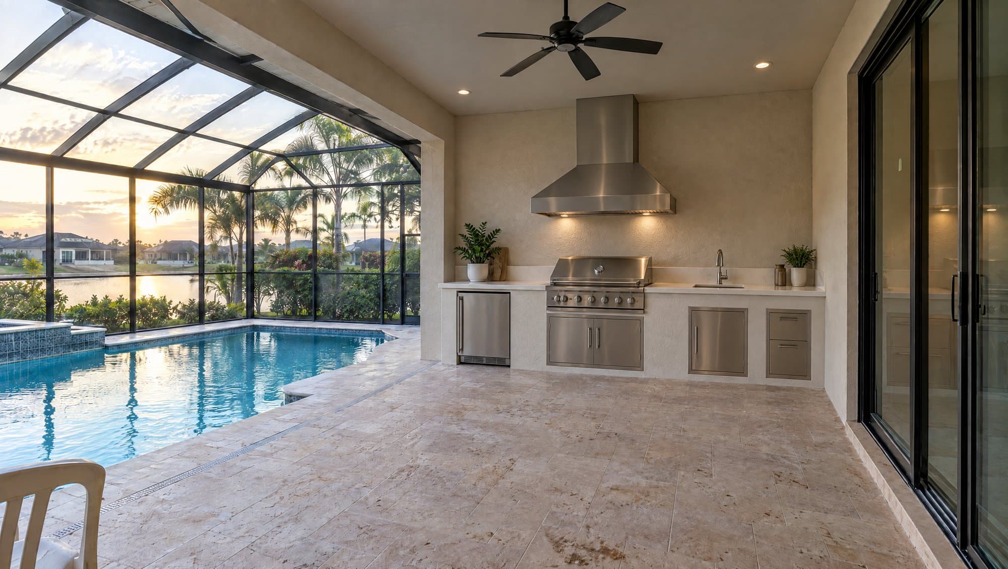 Editorial visualization of a Florida lanai outdoor kitchen after an upgrade. Concept only; not a finished Pro Squad job.