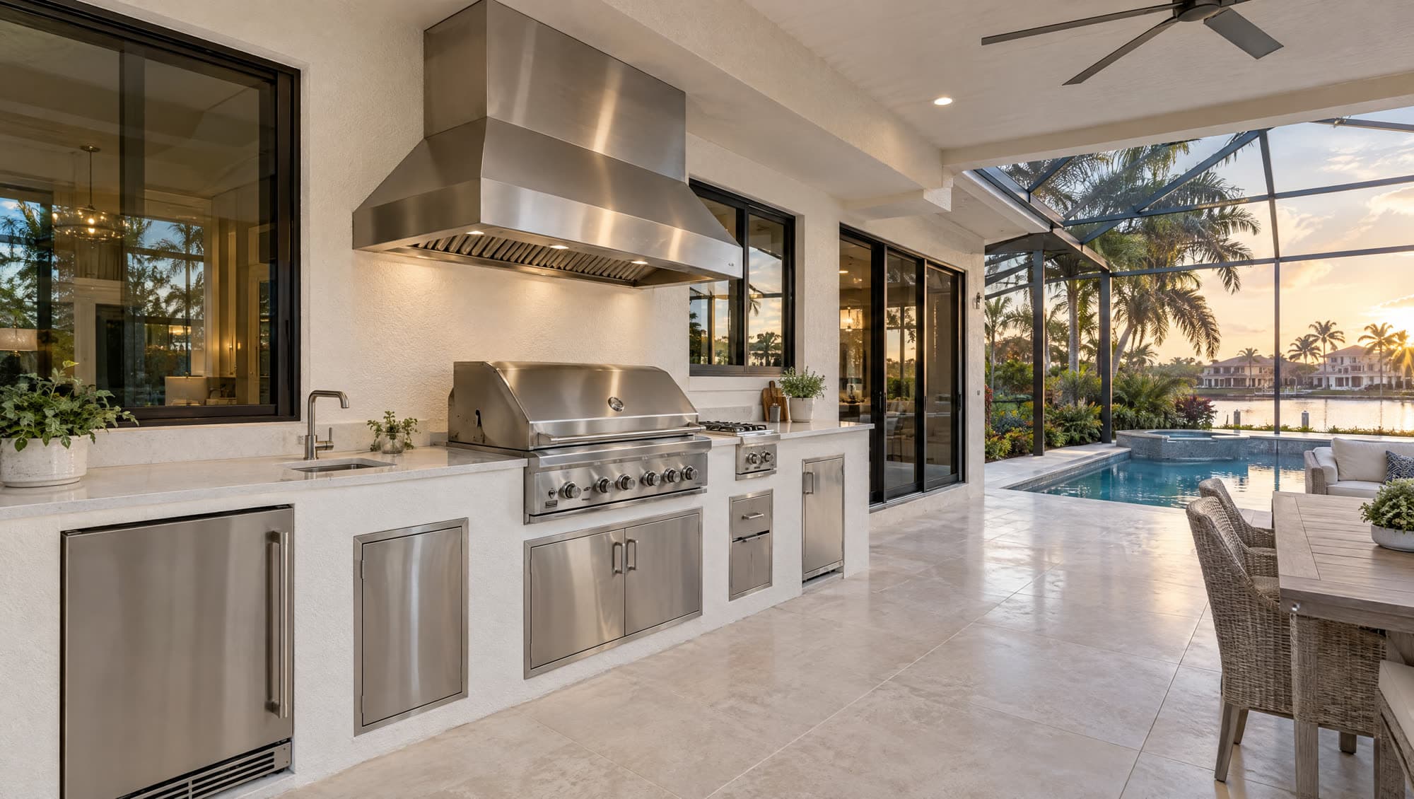 Pre-design visualization of a Naples lanai outdoor kitchen — cook line along the house, stainless hood, screen cage, pool beyond. Concept only; not a finished Pro Squad job.